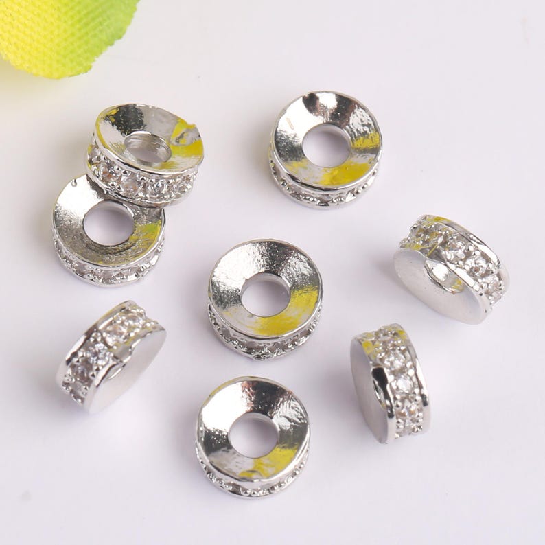 10pcs Gold Electroplated Copper Micro Pave Cubic Zirconia Round Spacer Beads, DIY Bracelet/Necklace Jewelry Findings Material