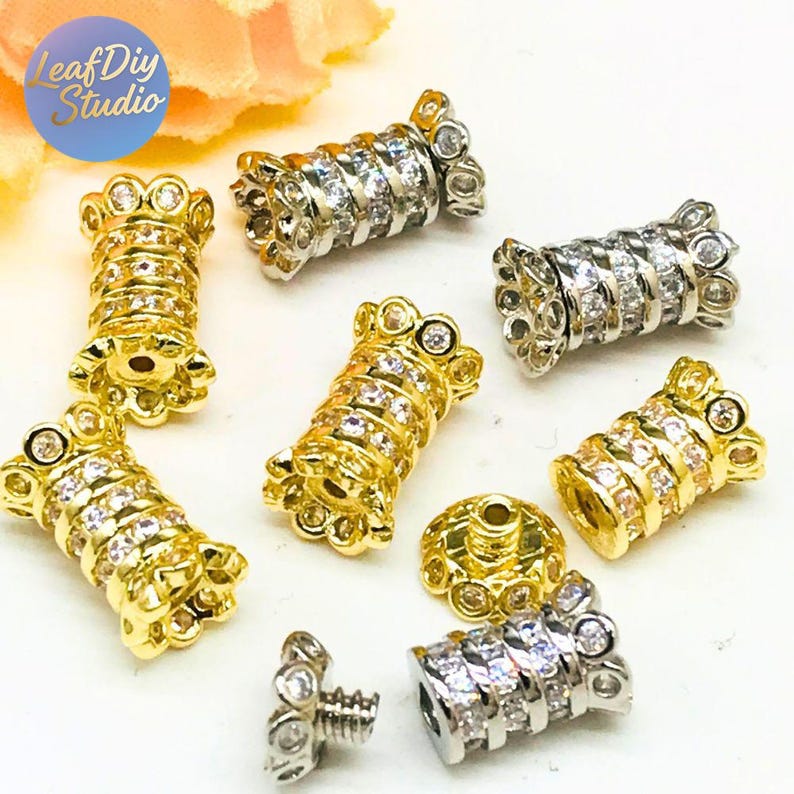 10pcs Gold-Tone Rotating Screw Clasp with Cubic Zirconia Inlay, Slim Waist Spacer Bead & Pearl Button, DIY Necklace Clasp Jewelry Findings