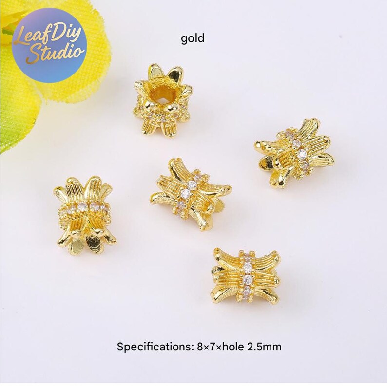 14K Gold- Spacer Beads with Micro Pave Cubic Zirconia, Slim Waist Flower Cap Spacer Beads, DIY Bracelet & Necklace Beading Jewelry Findings