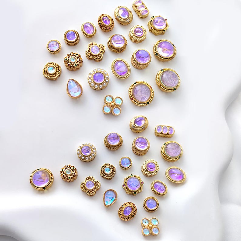 4/10Pcs18K Gold Plated brass Spacer Beads, Fake Purple Moonstone beads, Flat Round Beads,Cake Beads, Focal beads,Cat Eye Beads