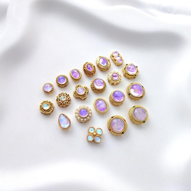 4/10Pcs18K Gold Plated brass Spacer Beads, Fake Purple Moonstone beads, Flat Round Beads,Cake Beads, Focal beads,Cat Eye Beads