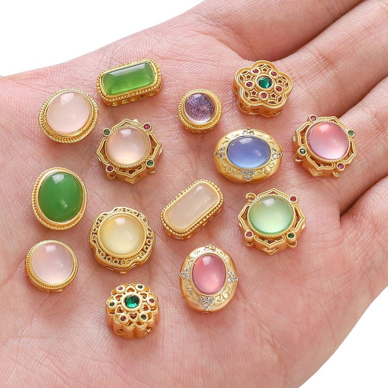 10Pcs 18K Gold Plated brass Spacer Beads,Hollow Out beads,Flat Round Beads,Cake Beads,Focal Cat Eye Beads, DIY Craft Supplies