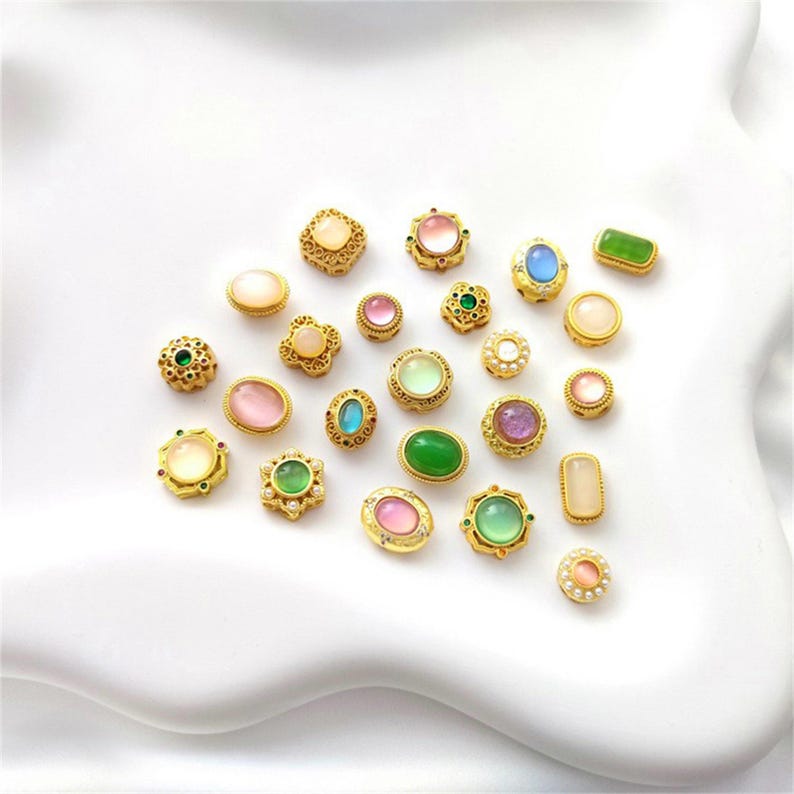 10Pcs 18K Gold Plated brass Spacer Beads,Hollow Out beads,Flat Round Beads,Cake Beads,Focal Cat Eye Beads, DIY Craft Supplies