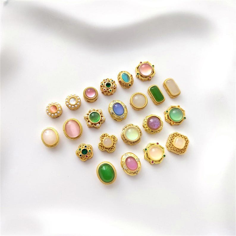 10Pcs 18K Gold Plated brass Spacer Beads,Hollow Out beads,Flat Round Beads,Cake Beads,Focal Cat Eye Beads, DIY Craft Supplies