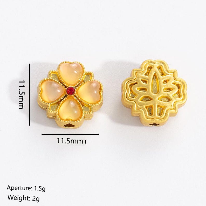 10Pcs 18K Gold Plated Brass Spacer Beads, Petal Hollow Out Beads, Flat Round Beads, Flower Beads, Four-leaf Clover and DIY Craft Supplies
