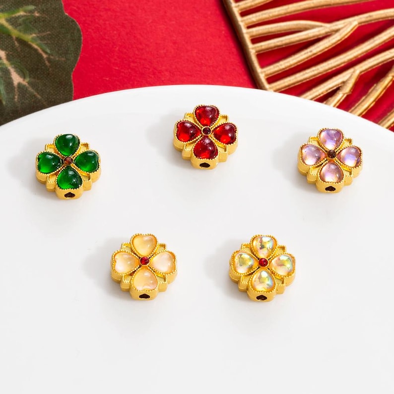 10Pcs 18K Gold Plated Brass Spacer Beads, Petal Hollow Out Beads, Flat Round Beads, Flower Beads, Four-leaf Clover and DIY Craft Supplies