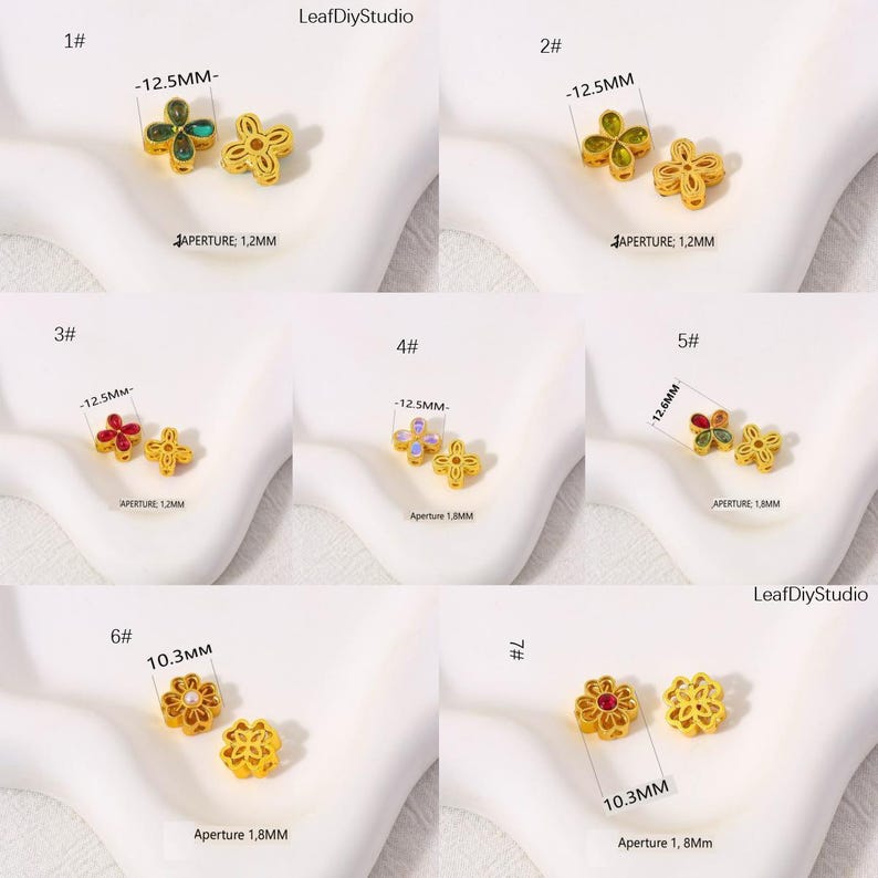 10Pcs 18K Gold Plated Brass Spacer Beads, Petal Hollow Out Beads, Flat Round Beads, Flower Beads, Four-leaf Clover and DIY Craft Supplies