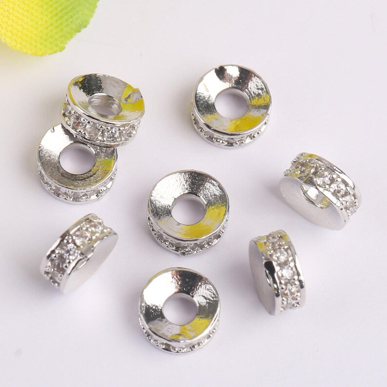 10pcs Gold Electroplated Copper Micro Pave Cubic Zirconia Round Spacer Beads, DIY Bracelet/Necklace Jewelry Findings Material
