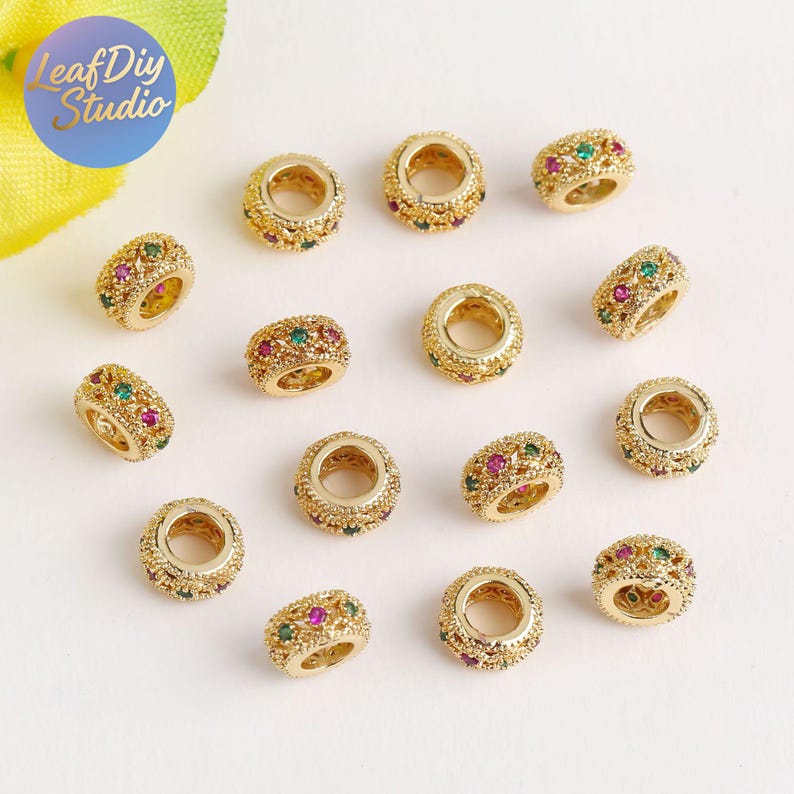 10Pcs 18K Gold Electroplated Copper Micro Pave Cubic Zirconia Round Spacer Beads, DIY Bracelet / Necklace Jewelry Findings Material