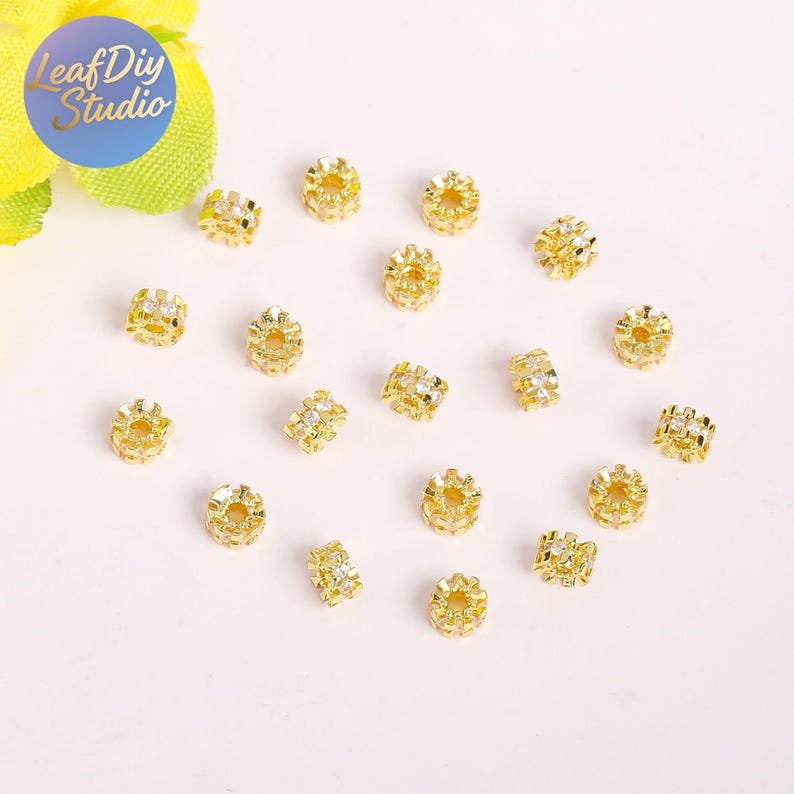 20pcs Gold Electroplated Copper Micro Pave Cubic Zirconia Round Spacer Beads, DIY Bracelet/Necklace Jewelry Findings Material