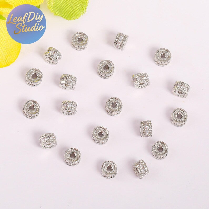 20pcs Gold Electroplated Copper Micro Pave Cubic Zirconia Round Spacer Beads, DIY Bracelet/Necklace Jewelry Findings Material