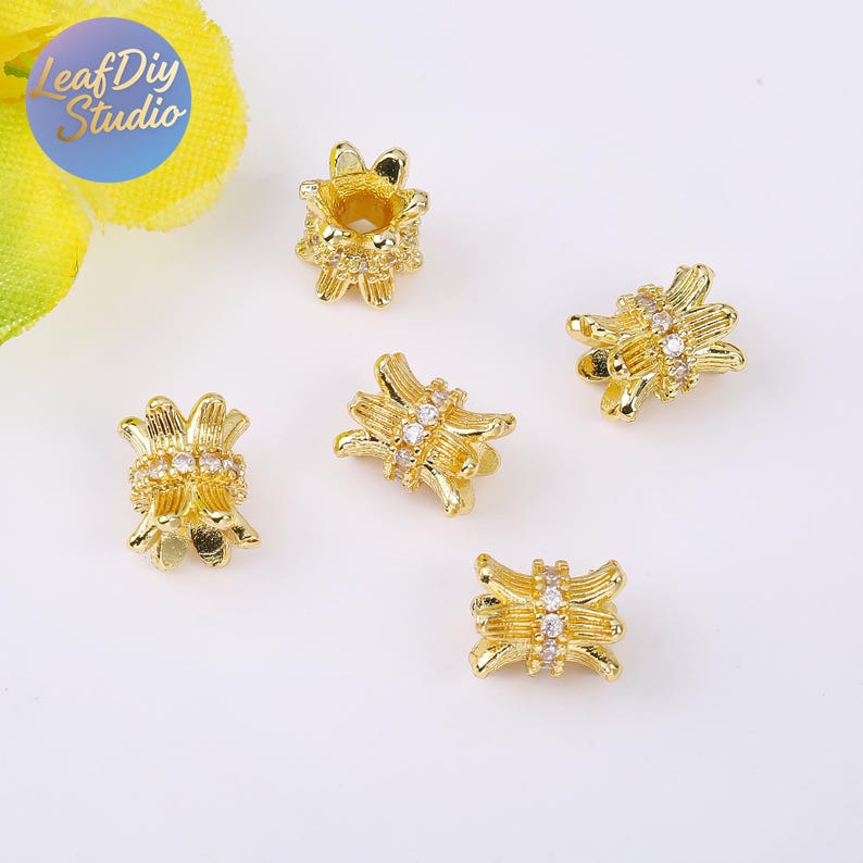 14K Gold- Spacer Beads with Micro Pave Cubic Zirconia, Slim Waist Flower Cap Spacer Beads, DIY Bracelet & Necklace Beading Jewelry Findings
