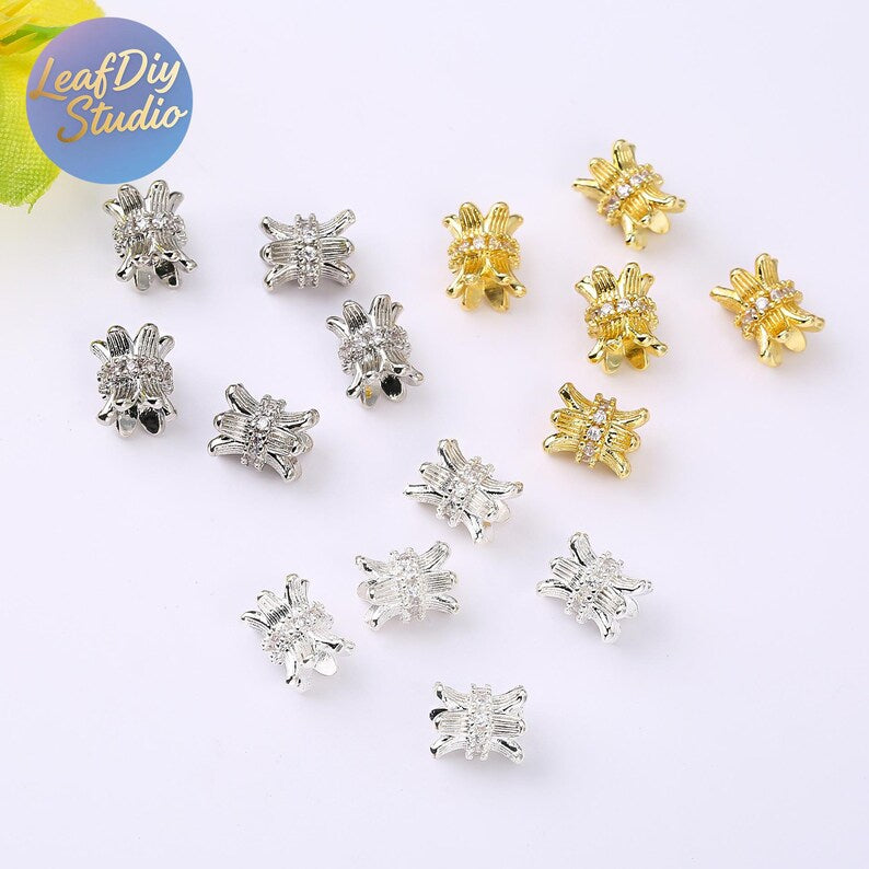 14K Gold- Spacer Beads with Micro Pave Cubic Zirconia, Slim Waist Flower Cap Spacer Beads, DIY Bracelet & Necklace Beading Jewelry Findings