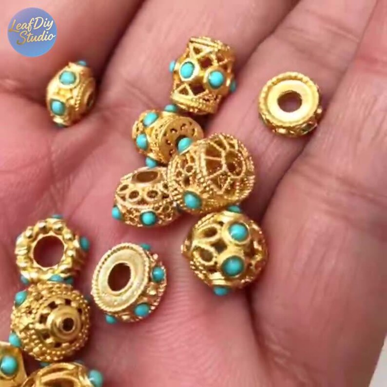 brass plated gold Turquoise spacer beads - DIY drum bead - tube spacer beads - 4pcs