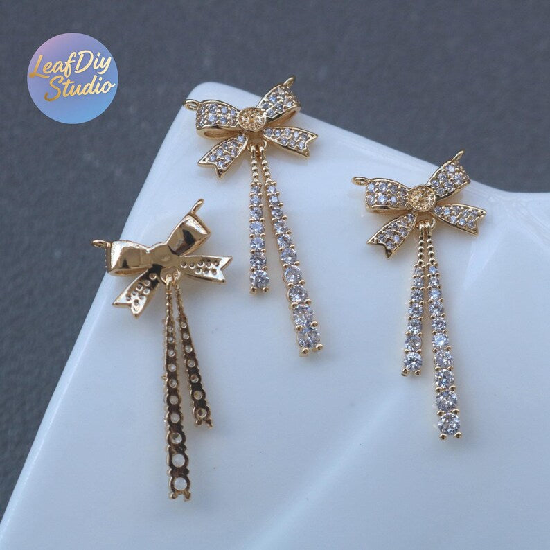 10pcs CZ Pave Zircon-Inlaid Bowknot Tassel Planet Flower Pendant/Charm - DIY Pearl Necklace & Earring Jewelry Accessories