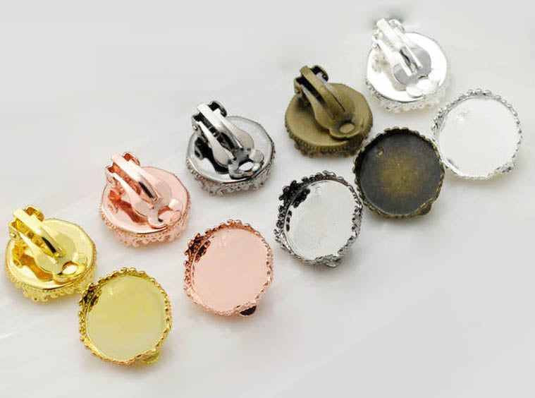 20pcs Brass Clip on Crown Earring Bronze/ Silver/ Gold/ Rose Gold Plated 15mm Round Bezel Cup