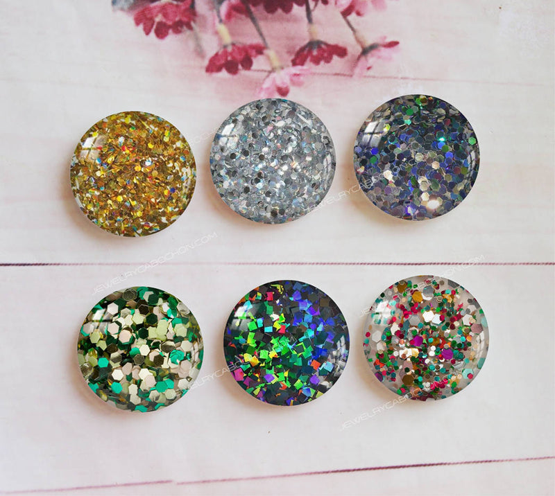 Handmade Round Photo Glass Cabochon Glitter A335