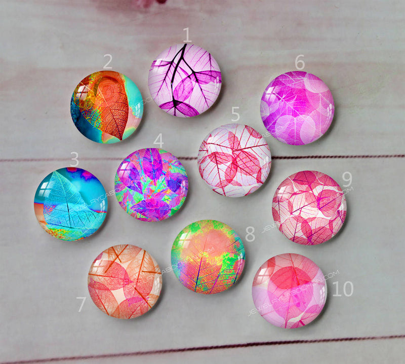 Handmade Round Photo Glass Cabochon Pattern Leaves A479