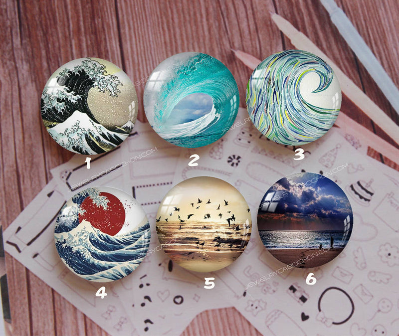 Handmade Round Photo Glass Cabochon Ocean waves 900