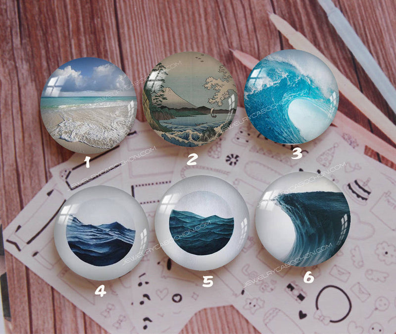 Handmade Round Photo Glass Cabochon Ocean waves 901