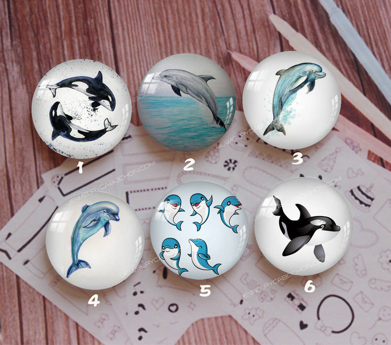 Handmade Round Photo Glass Cabochon Animal dolphin 925