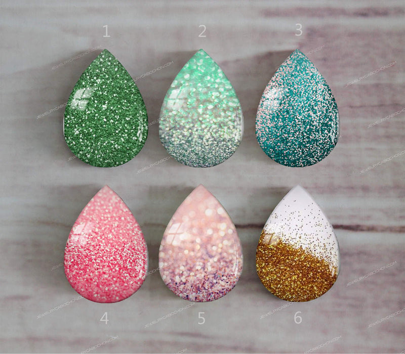 Handmade Teardrop Photo Glass Cabochons Glitter A323