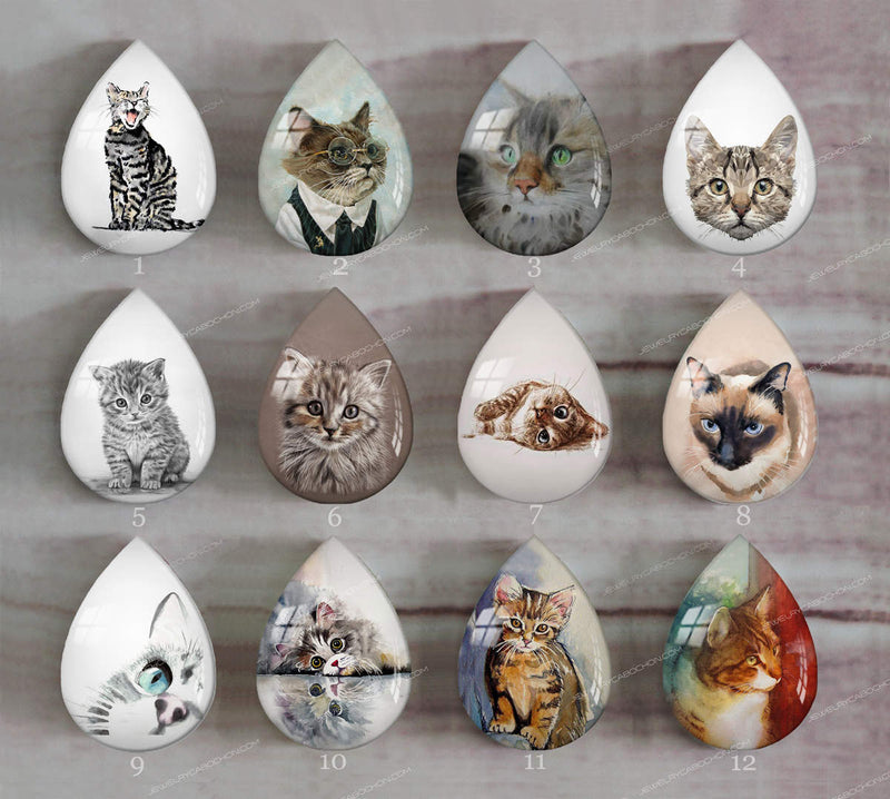 Handmade Teardrop Photo Glass Cabochons Animal Cat A605