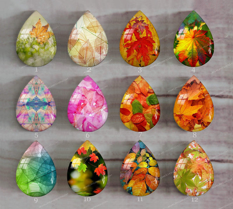 Handmade Teardrop Photo Glass Cabochons Plant leaves A683