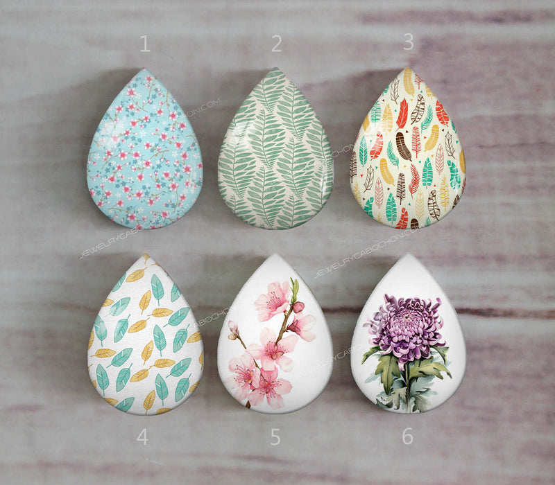 Handmade Teardrop Photo Glass Cabochons Plant flower A335