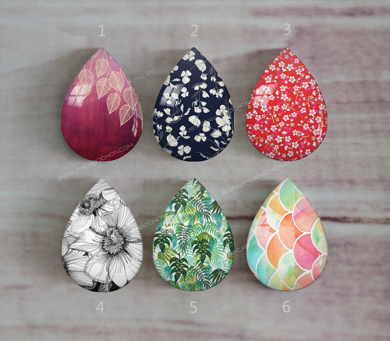 Handmade Teardrop Photo Glass Cabochons Plant flower leaves a340