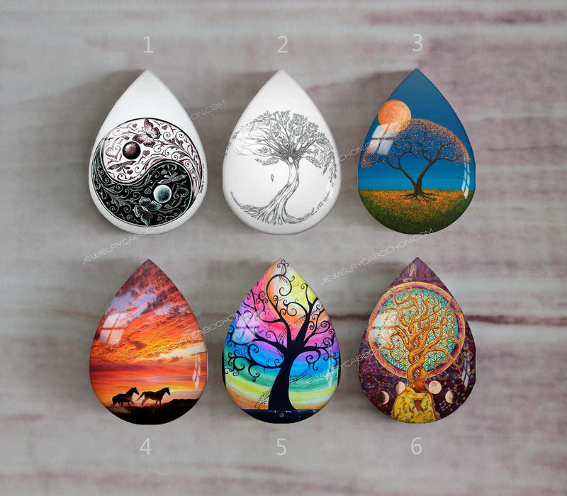 Handmade Teardrop Photo Glass Cabochons Plant tree A363