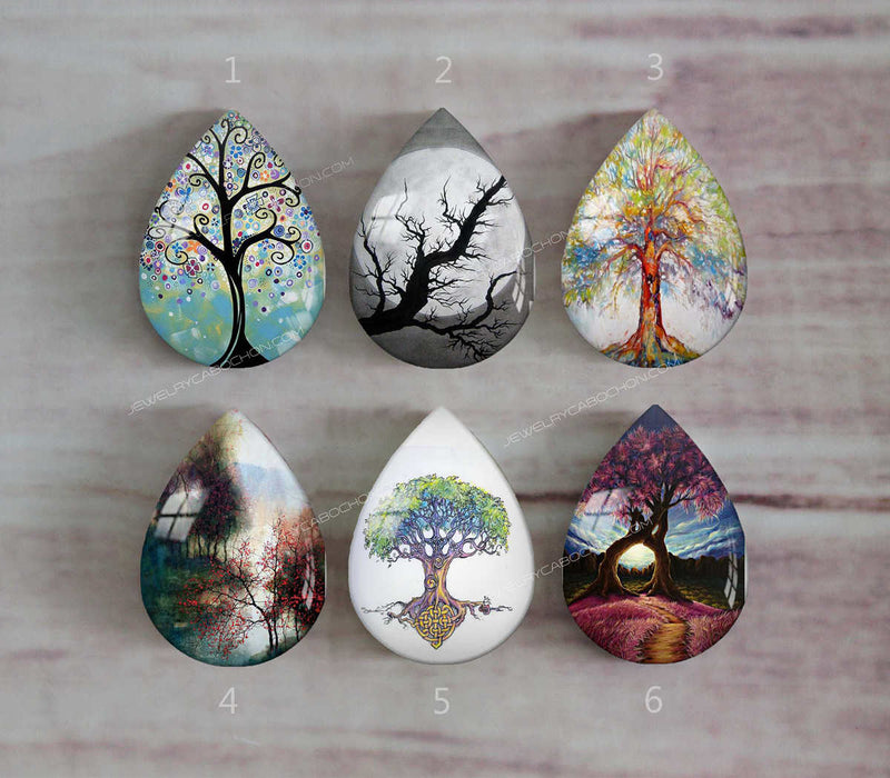 Handmade Teardrop Photo Glass Cabochons Plant tree A369