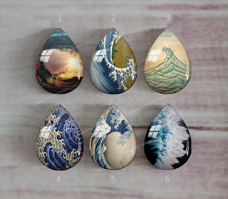 Handmade Teardrop Photo Glass Cabochons Ocean waves A375