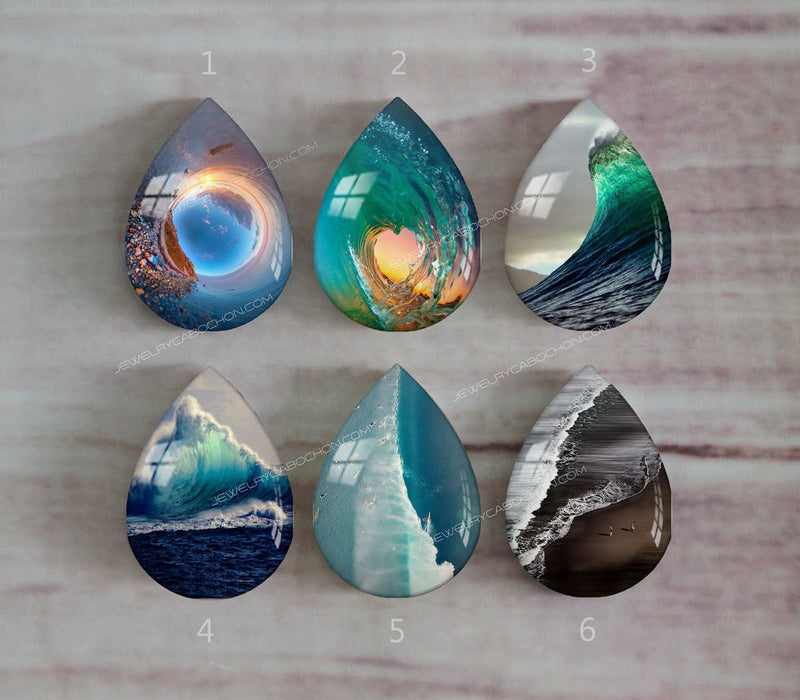 Handmade Teardrop Photo Glass Cabochons Ocean waves A379