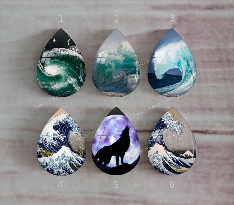 Handmade Teardrop Photo Glass Cabochons Ocean waves A382