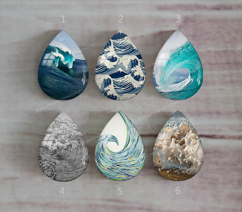 Handmade Teardrop Photo Glass Cabochons Ocean waves A383