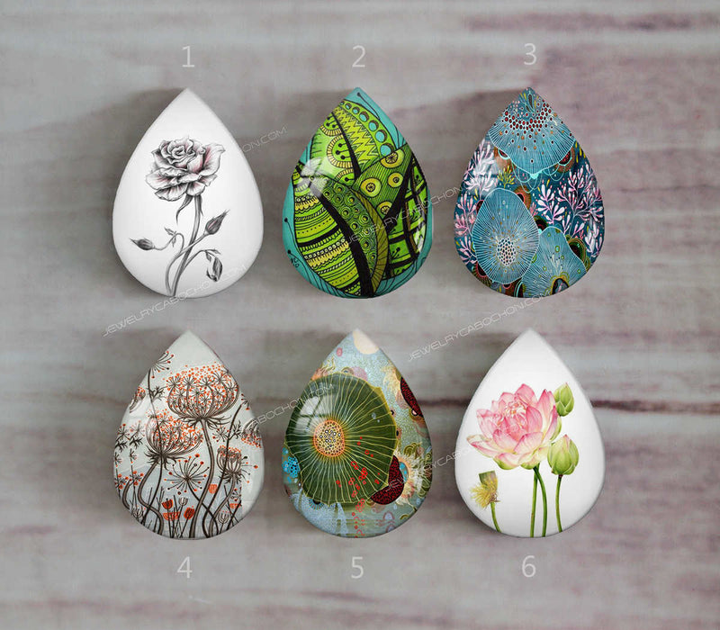 Handmade Teardrop Photo Glass Cabochons Plant flower A396