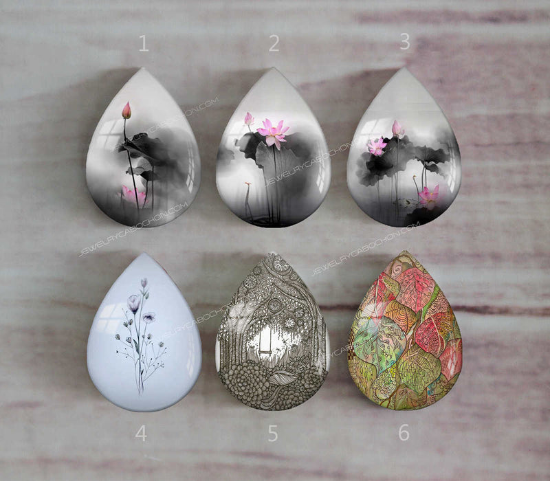 Handmade Teardrop Photo Glass Cabochons Plant flower A397