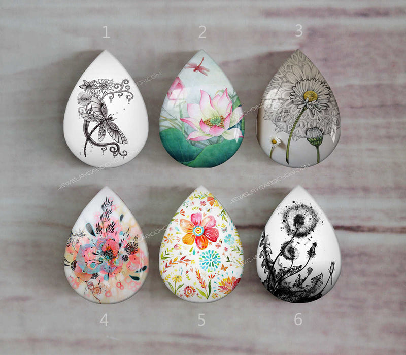 Handmade Teardrop Photo Glass Cabochons Plant flower A398