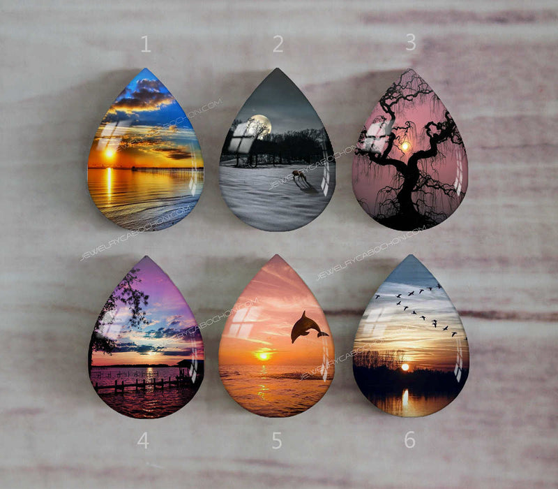 Handmade Teardrop Photo Glass Cabochons landscape A484