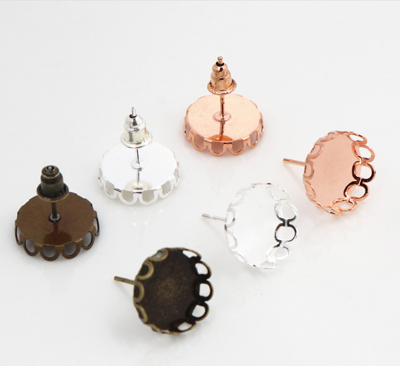 50pcs 10mm / 12mm / 14mm / 16mm Brass Earring Posts With Round Lace Pad, Lace earrings