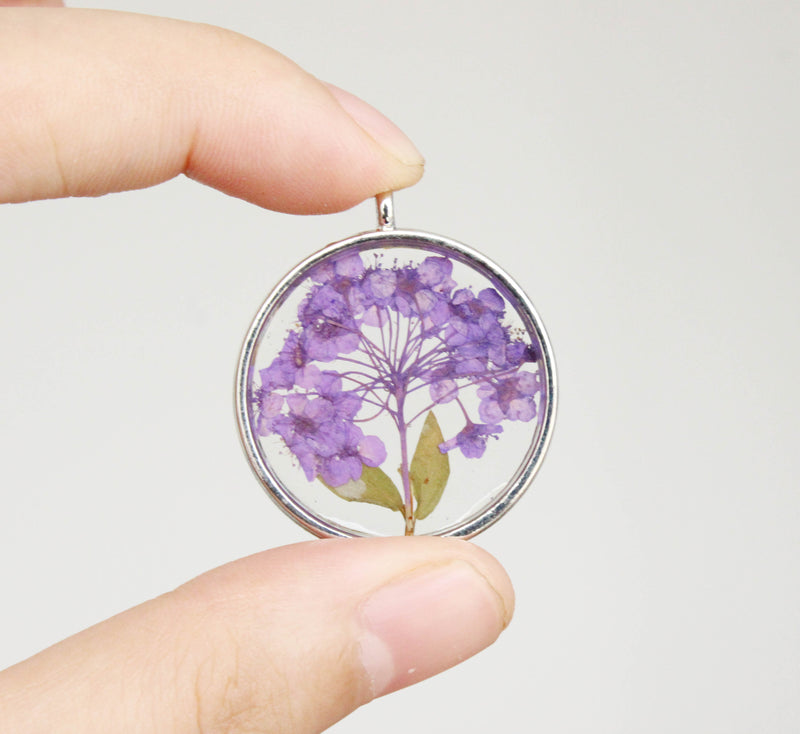 1pcs purple pressed flower jewelry, pressed flower pendant necklace, Real dried flower jewelry wholesale
