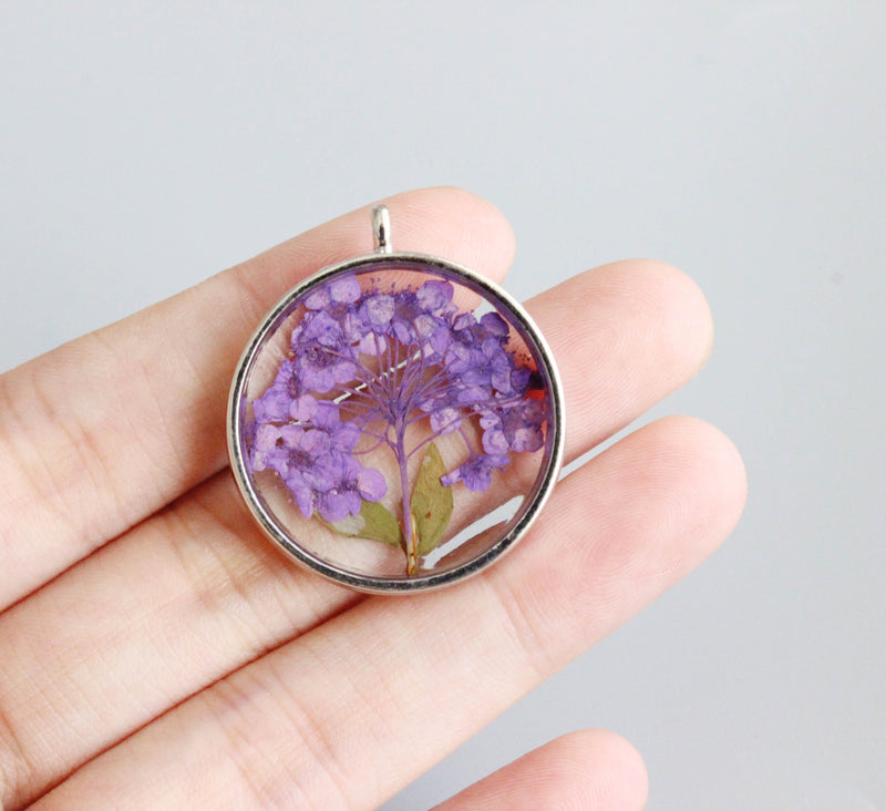 1pcs purple pressed flower jewelry, pressed flower pendant necklace, Real dried flower jewelry wholesale
