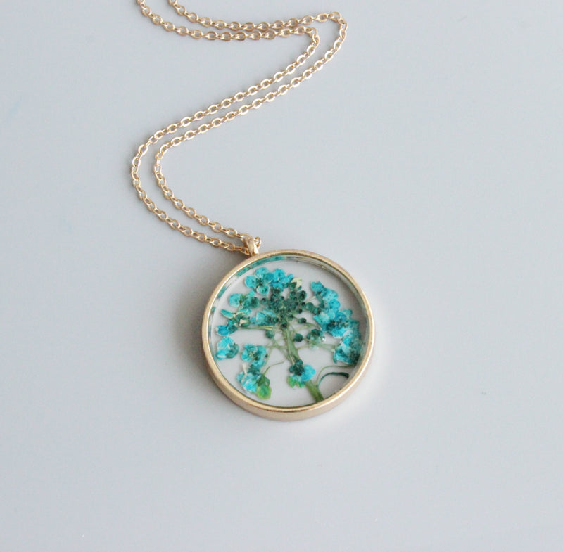 1pcs blue pressed flower jewelry, pressed flower pendant necklace, Real dried flower jewelry wholesale