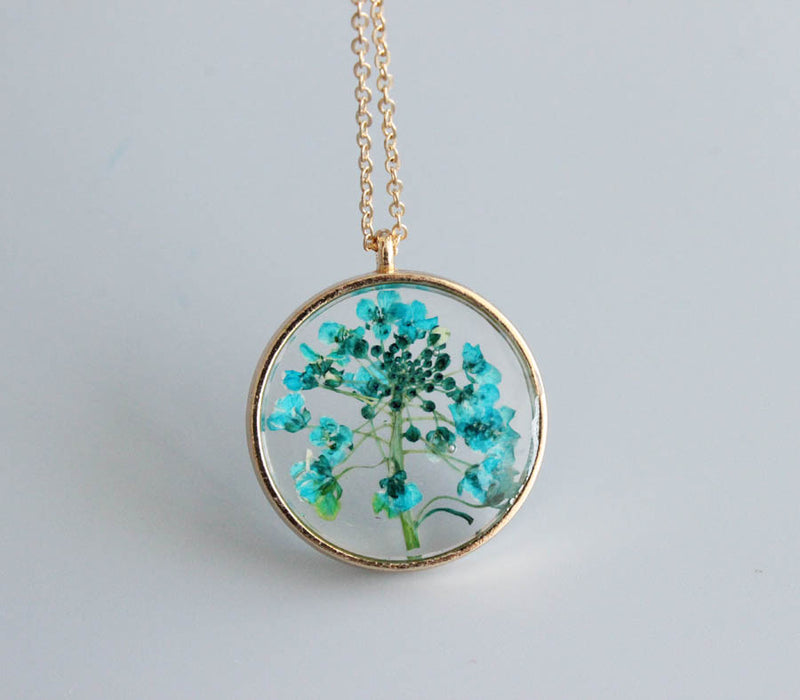 1pcs blue pressed flower jewelry, pressed flower pendant necklace, Real dried flower jewelry wholesale