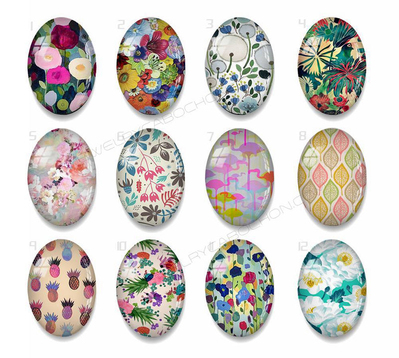 Handmade oval Photo Glass Cabochons geometric flower 44