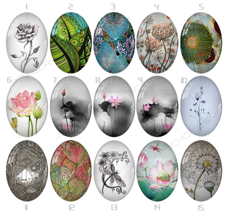Handmade oval Photo Glass Cabochons flower 743