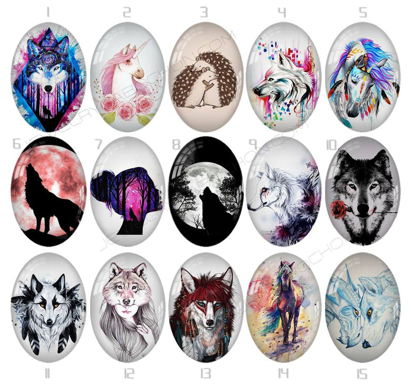 Handmade oval Photo Glass Cabochons Wolf 747