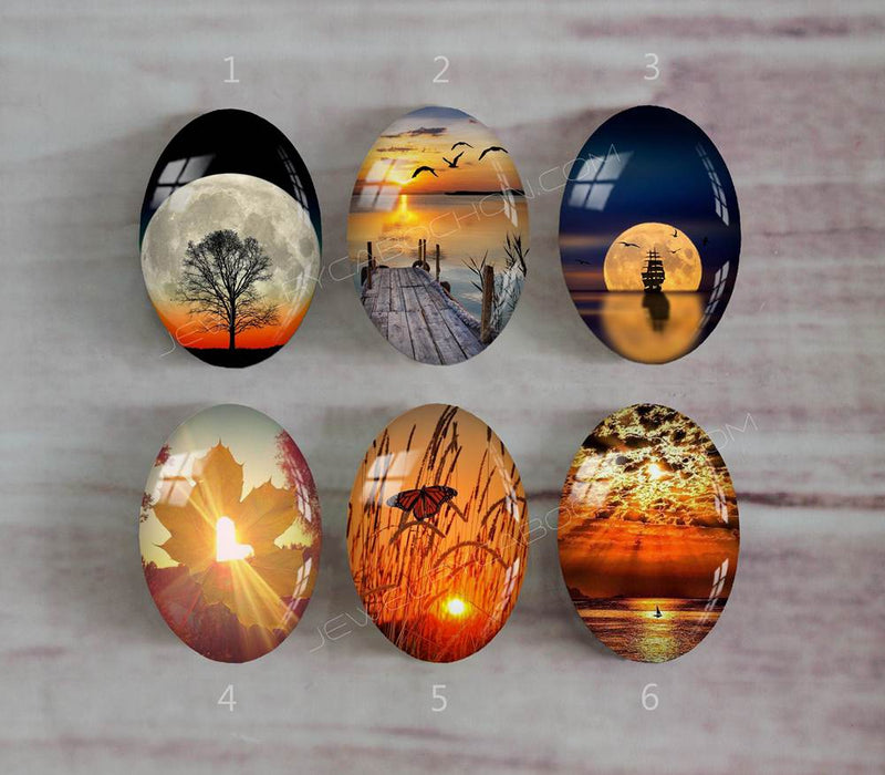 Handmade oval Photo Glass Cabochons Sunset A486