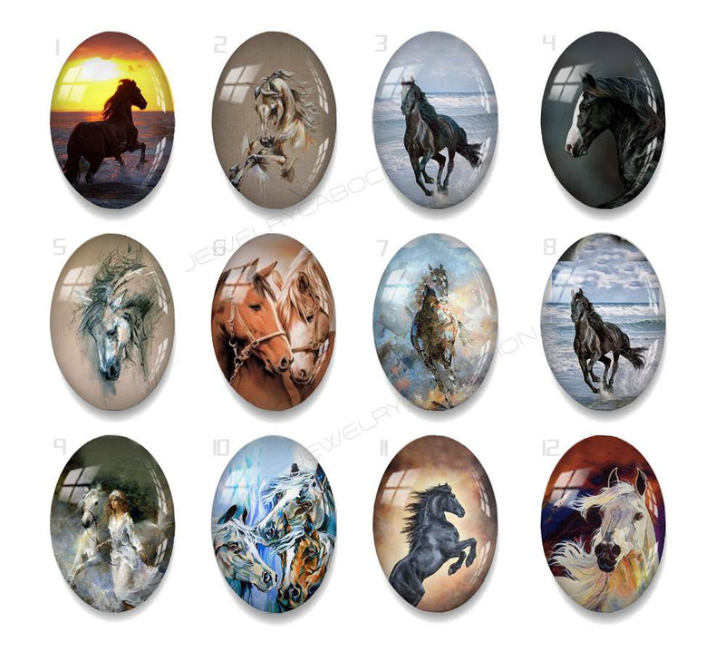 Handmade oval Photo Glass Cabochons animal horse A602